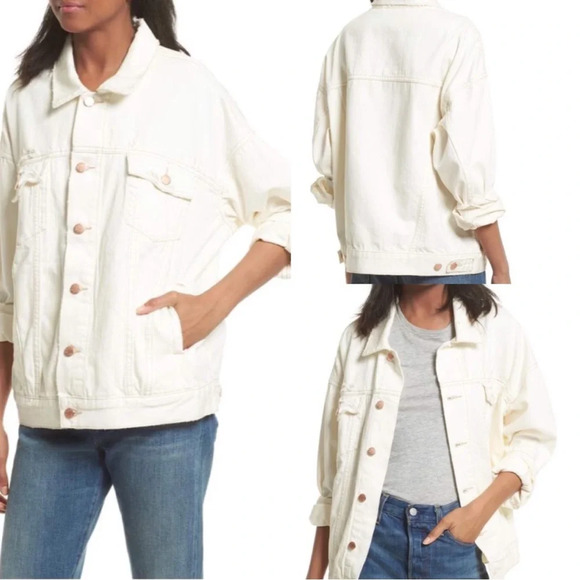Free People Off White Denim Trucker Boyfriend Distressed Oversized Jacket XS - Picture 3 of 12